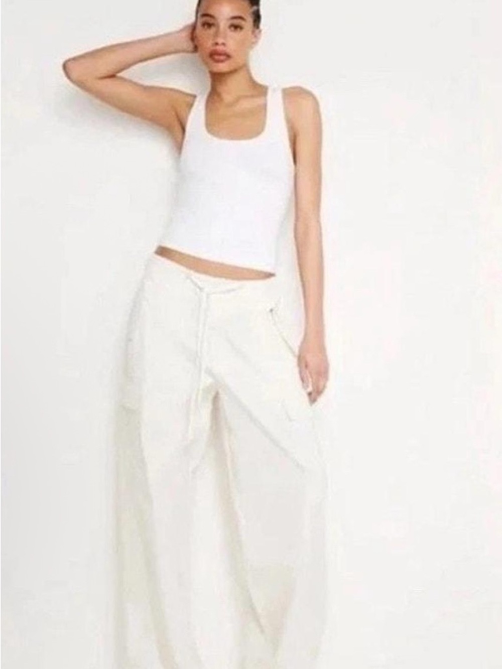 Good American Cream Cargo Pants with Drawstring Waist